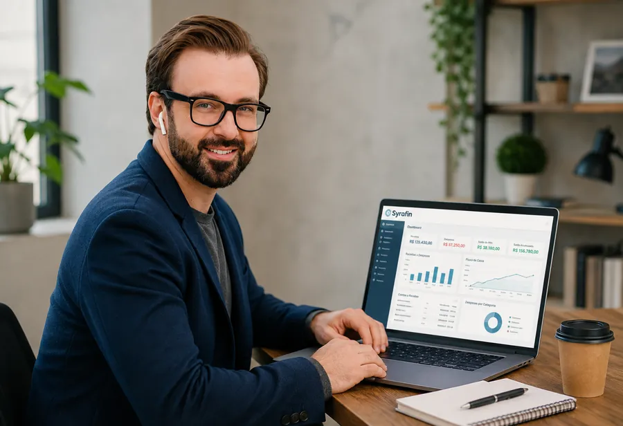 Empreendedor analisando o painel financeiro Syrafin no notebook